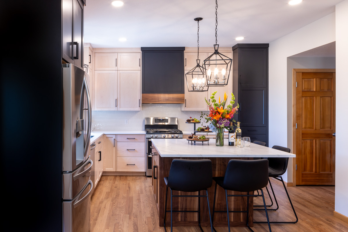 Light Maple Cabinets, Painted Maple Cabinets, Walnut Island, Honey Oak Floors, Cambria Quartz Countertops